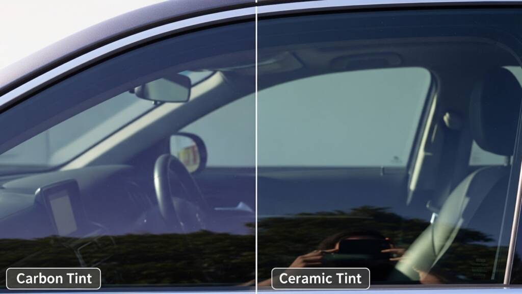 Carbon vs ceramic window tint visual comparison on a car window