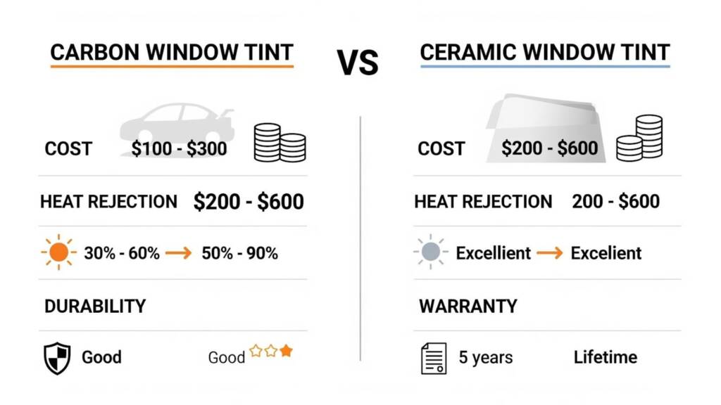 Cost comparison infographic showing carbon window tint vs ceramic tint differences