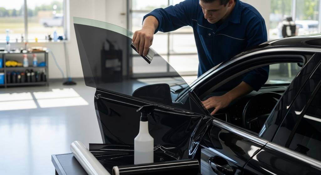 Professional installing carbon window tint