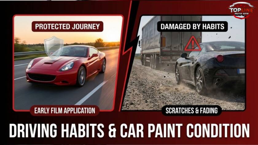 Red sports car protected with paint protection film vs damaged car from poor driving habits showing scratches, chips, and fading