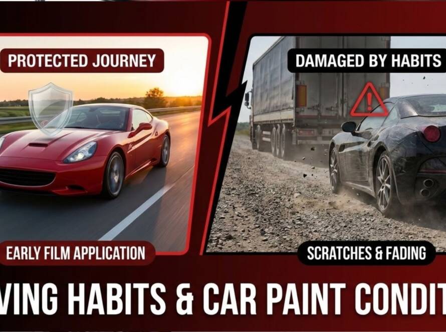 Red sports car protected with paint protection film vs damaged car from poor driving habits showing scratches, chips, and fading