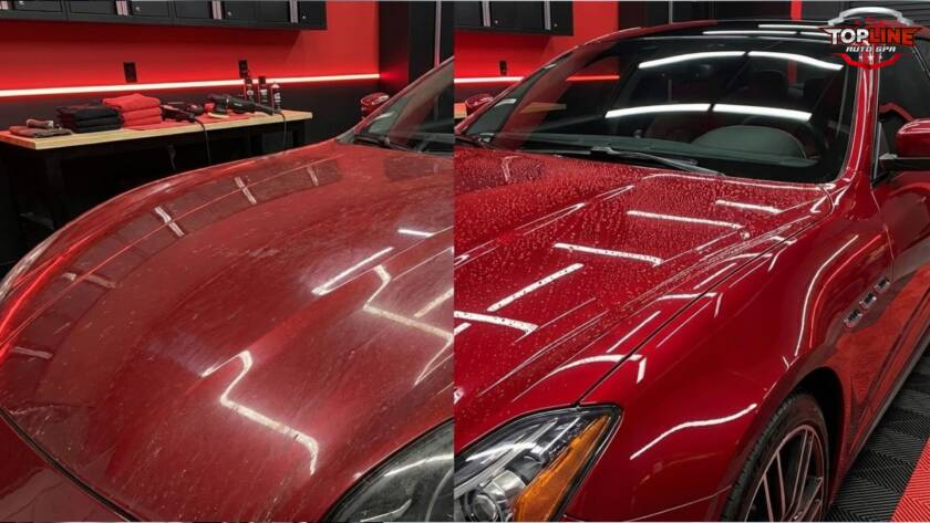 Ceramic coating failure vs restored coating showing dull paint on one side and glossy hydrophobic surface with water beading on red car