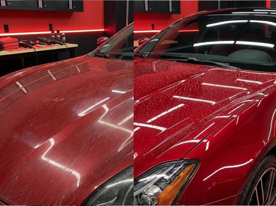 Ceramic coating failure vs restored coating showing dull paint on one side and glossy hydrophobic surface with water beading on red car