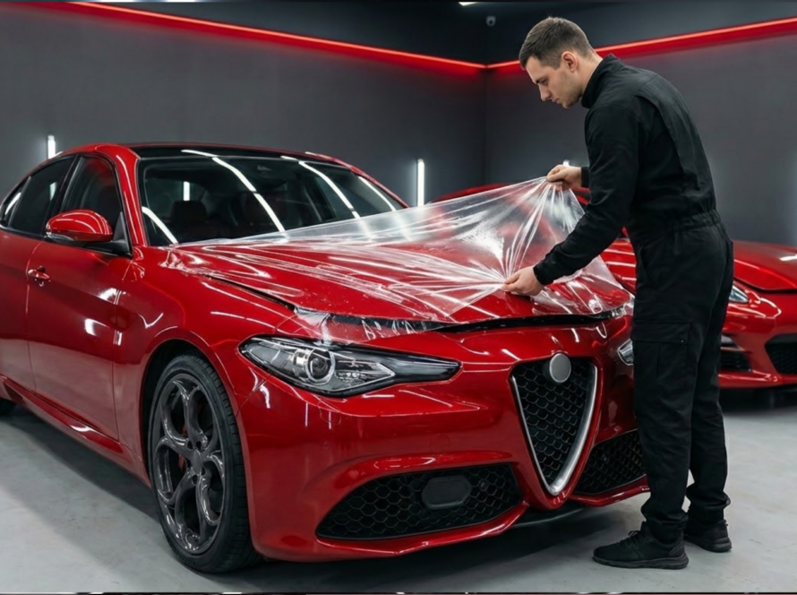 Technician applying paint protection film on a new red car in auto detailing studio to prevent scratches and damage