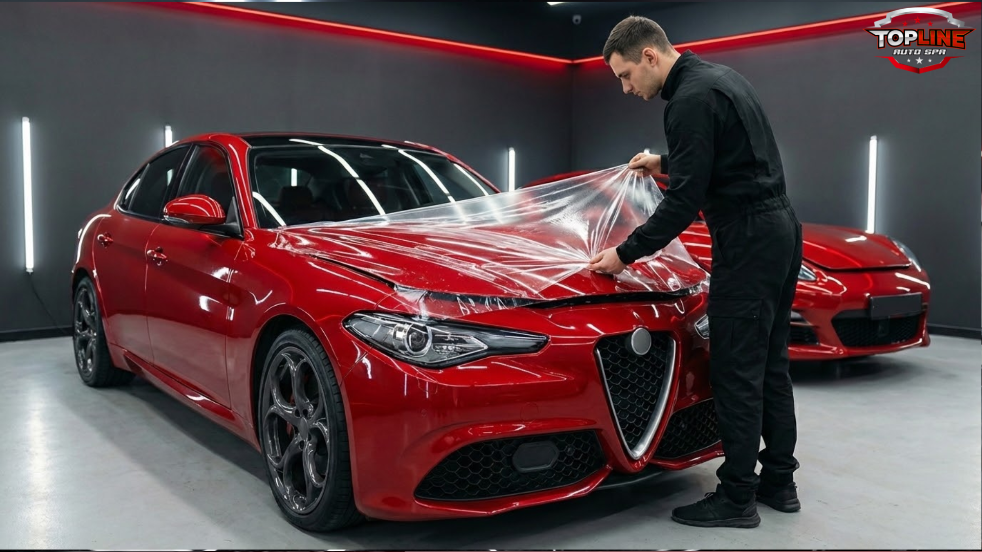 Technician applying paint protection film on a new red car in auto detailing studio to prevent scratches and damage