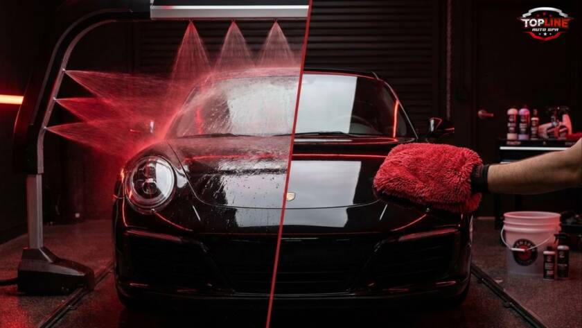 Touchless car wash vs hand wash comparison showing spray cleaning and microfiber hand detailing on black car