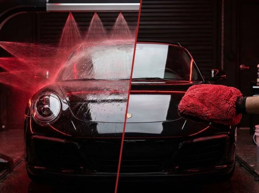 Touchless car wash vs hand wash comparison showing spray cleaning and microfiber hand detailing on black car