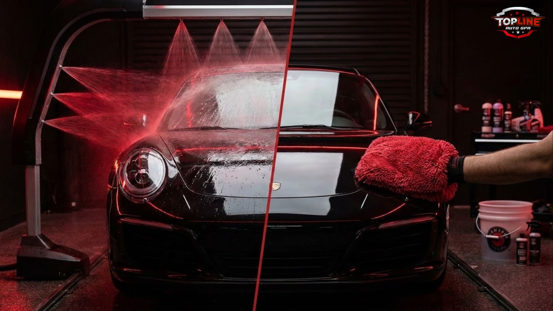 Touchless car wash vs hand wash comparison showing spray cleaning and microfiber hand detailing on black car