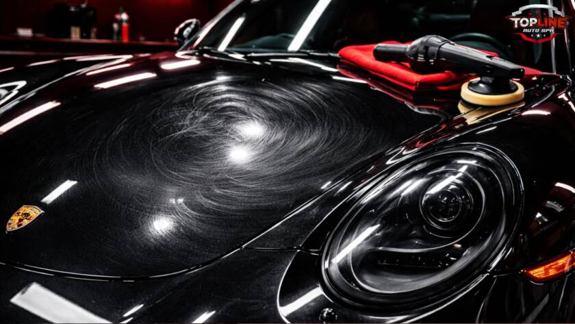 Black car hood showing swirl marks under bright light with polishing machine and microfiber cloth
