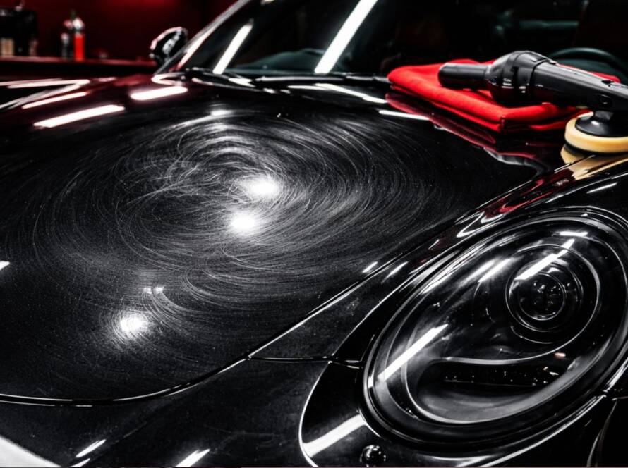 Black car hood showing swirl marks under bright light with polishing machine and microfiber cloth