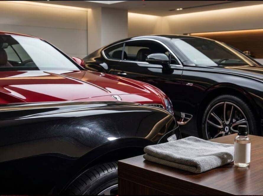 Luxury cars in a detailing studio showing glossy clear coat finish with microfiber cloth and car care product