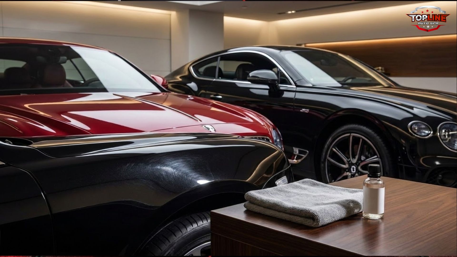 Luxury cars in a detailing studio showing glossy clear coat finish with microfiber cloth and car care product