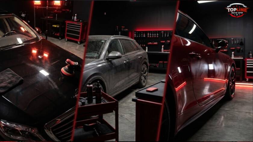 Car paint correction process showing dull, dirty, and polished shiny car surfaces in auto detailing studio