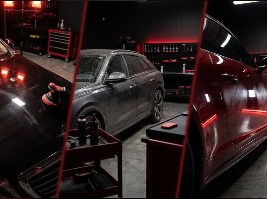 Car paint correction process showing dull, dirty, and polished shiny car surfaces in auto detailing studio
