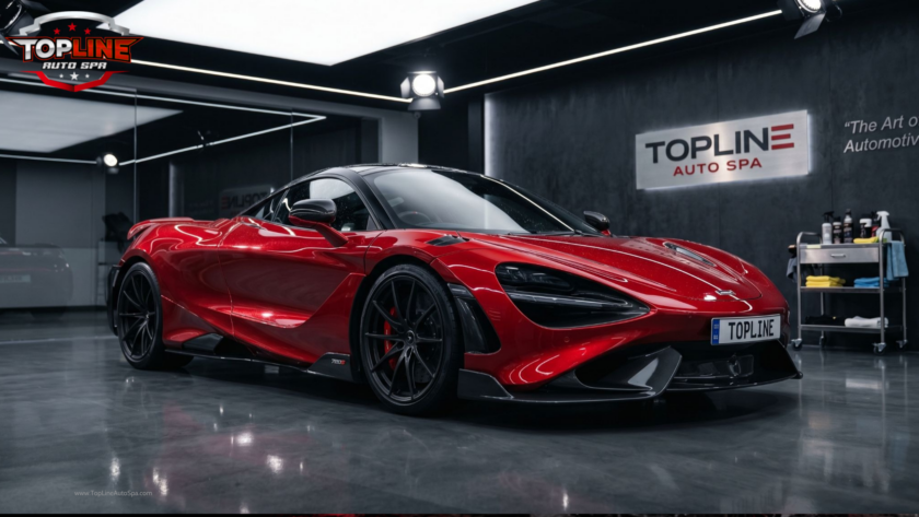 Luxury red sports car inside a premium auto detailing studio showcasing glossy paint reflections under bright lighting