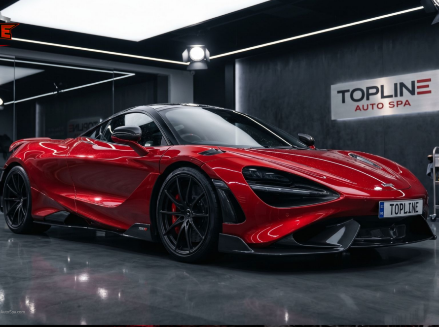 Luxury red sports car inside a premium auto detailing studio showcasing glossy paint reflections under bright lighting