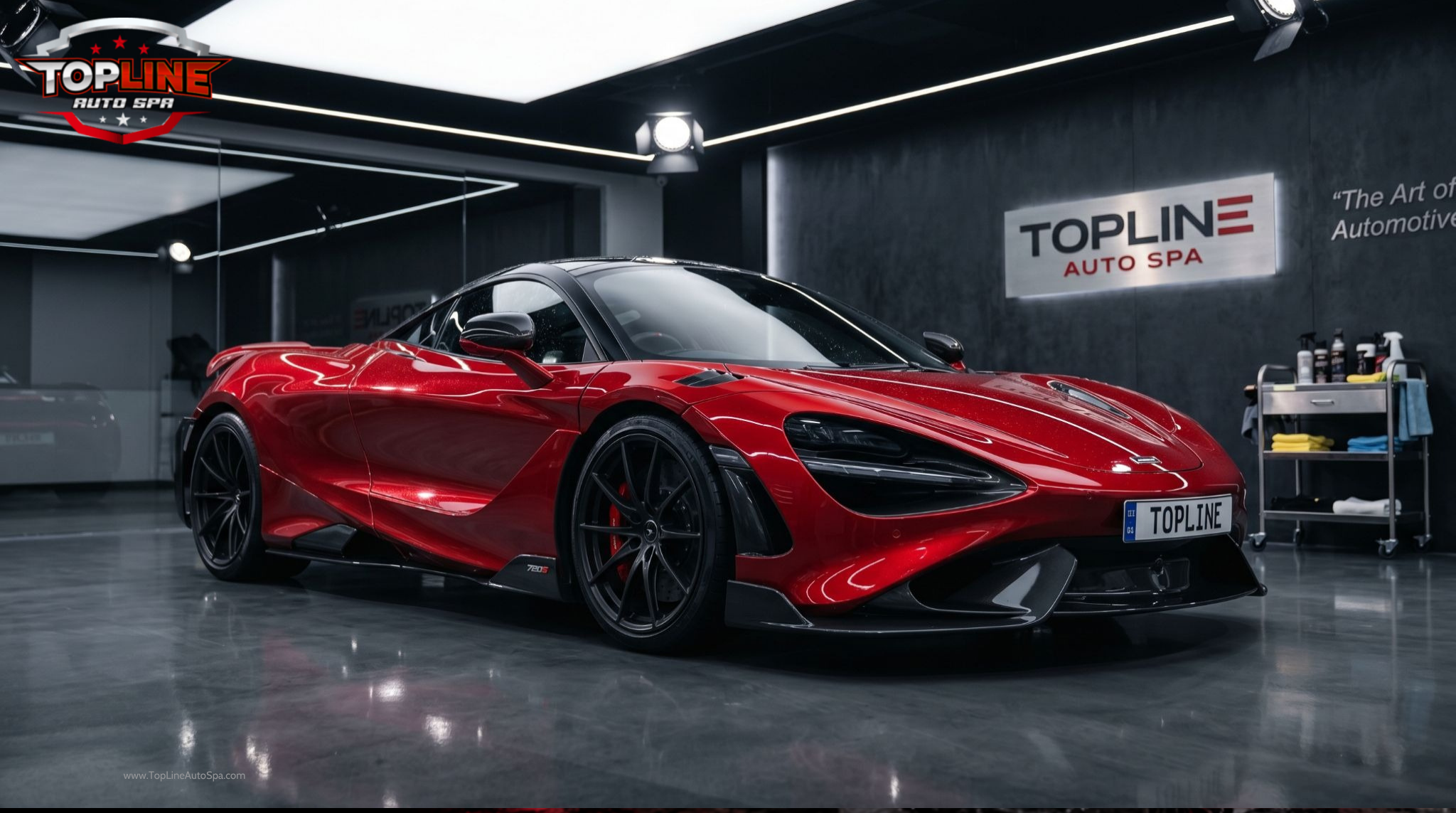 Luxury red sports car inside a premium auto detailing studio showcasing glossy paint reflections under bright lighting