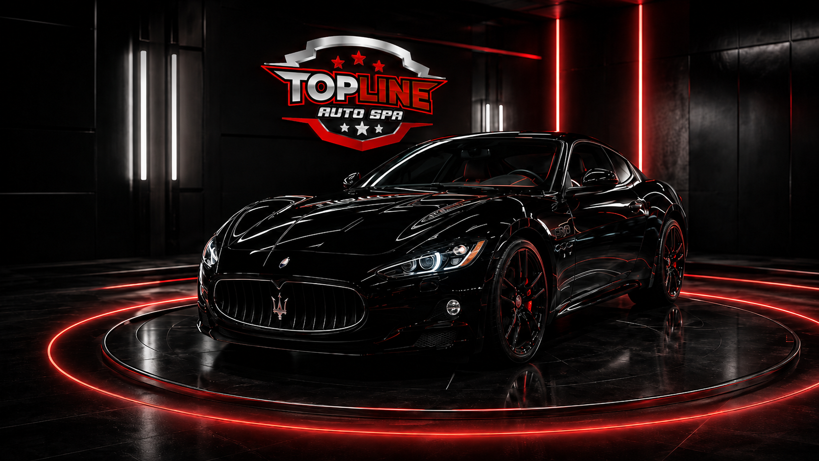 Black performance vehicle displayed inside TopLine Auto Spa