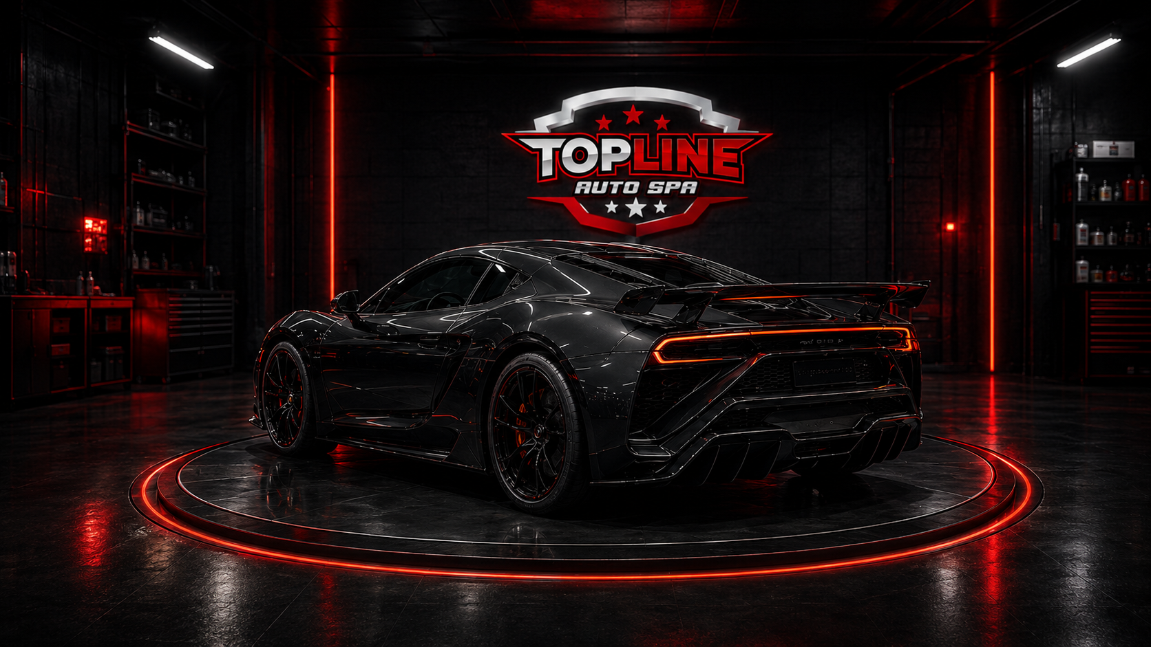 Glossy black sports car protected by TopLine Auto Spa services
